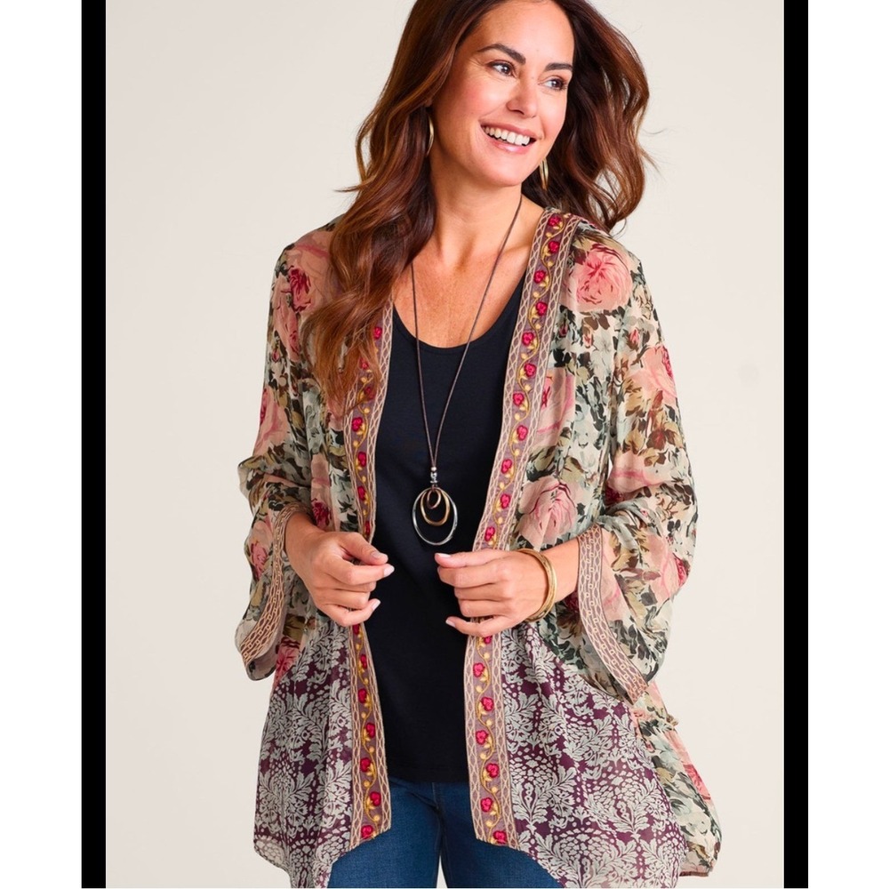 Soft Surroundings Floral Embroidered Kimono Cardigan XL Mixed Print Boho 2DM00